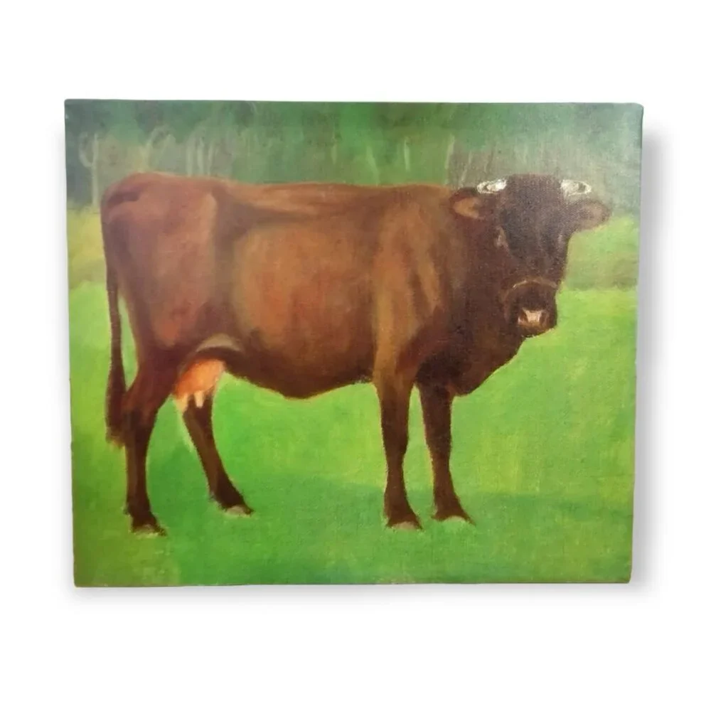 Contemporary Portrait of a Brown Cow Print Decorative Wall Hanging Art 14 x 12